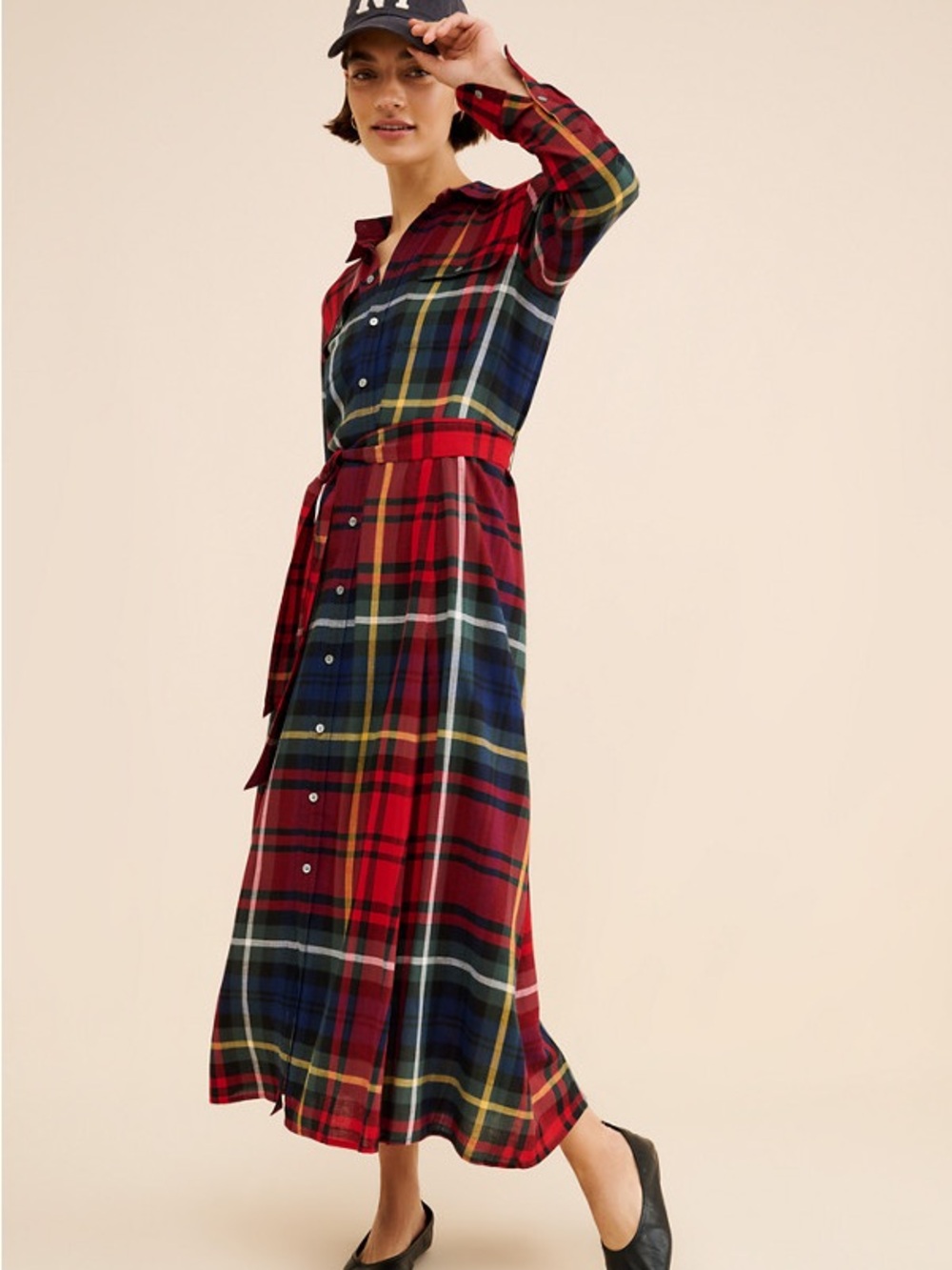 Polo by Ralph Lauren 100% Cotton Red and Navy Plaid Maxi Shirt Dress